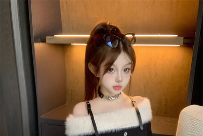 Set: Long-Sleeve Cold Shoulder Two Tone Fluffy Panel Buckled Mini A-Line Knit Dress + Belt