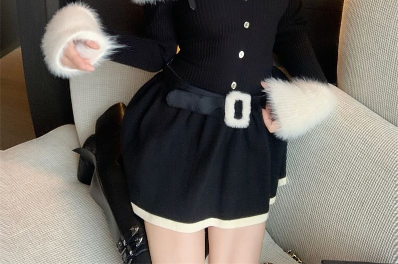 Set: Long-Sleeve Cold Shoulder Two Tone Fluffy Panel Buckled Mini A-Line Knit Dress + Belt