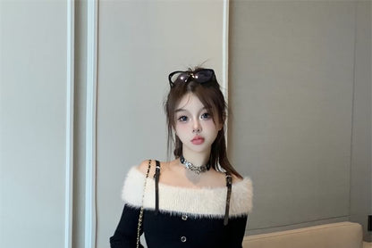 Set: Long-Sleeve Cold Shoulder Two Tone Fluffy Panel Buckled Mini A-Line Knit Dress + Belt