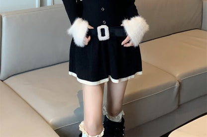 Set: Long-Sleeve Cold Shoulder Two Tone Fluffy Panel Buckled Mini A-Line Knit Dress + Belt