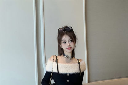 Set: Long-Sleeve Cold Shoulder Two Tone Fluffy Panel Buckled Mini A-Line Knit Dress + Belt