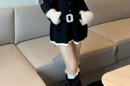 Set: Long-Sleeve Cold Shoulder Two Tone Fluffy Panel Buckled Mini A-Line Knit Dress + Belt