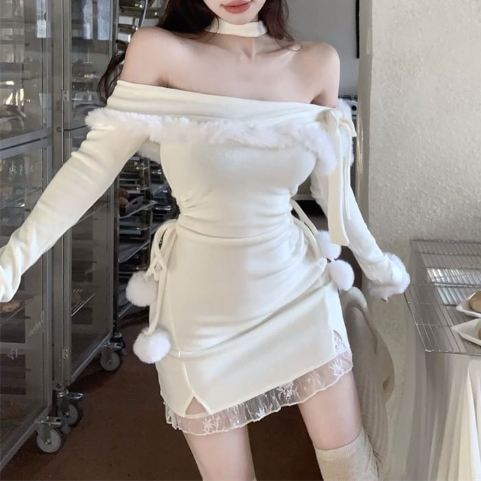 Long-Sleeve Off Shoulder Pom Pom Mini Bodycon Dress