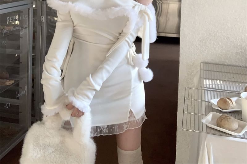 Long-Sleeve Off Shoulder Pom Pom Mini Bodycon Dress