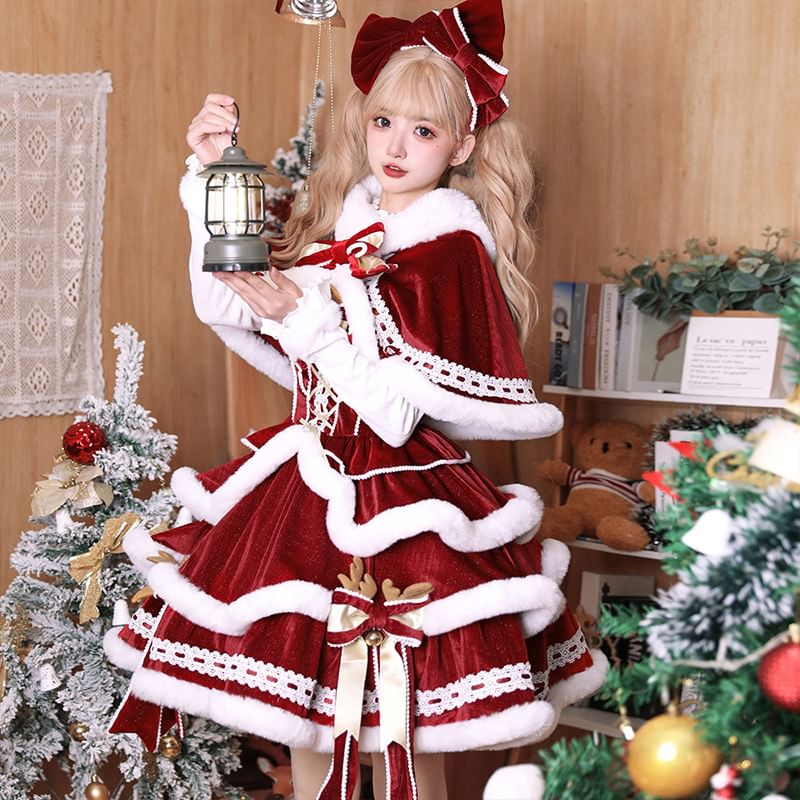 Christmas Long Sleeve Mock Neck Plain Fluffy Trim Top / Panel Mini A-Line Overall Dress / Hooded Capelet / Bow / Set