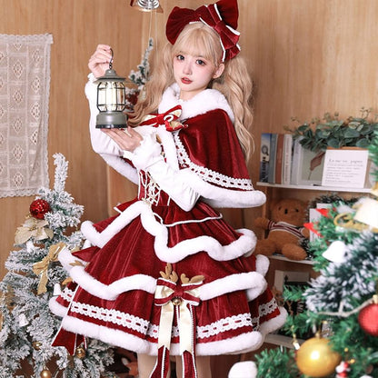 Christmas Long Sleeve Mock Neck Plain Fluffy Trim Top / Panel Mini A-Line Overall Dress / Hooded Capelet / Bow / Set