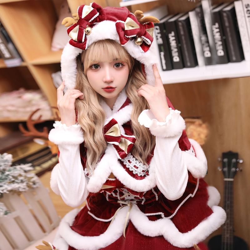 Christmas Long Sleeve Mock Neck Plain Fluffy Trim Top / Panel Mini A-Line Overall Dress / Hooded Capelet / Bow / Set
