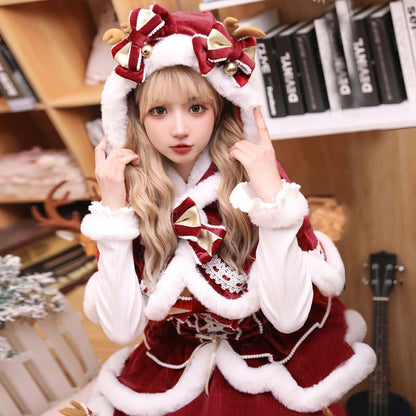 Christmas Long Sleeve Mock Neck Plain Fluffy Trim Top / Panel Mini A-Line Overall Dress / Hooded Capelet / Bow / Set