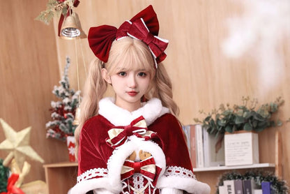 Christmas Long Sleeve Mock Neck Plain Fluffy Trim Top / Panel Mini A-Line Overall Dress / Hooded Capelet / Bow / Set