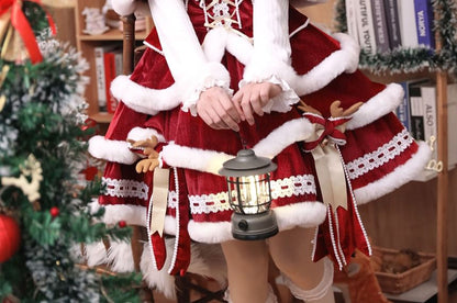 Christmas Long Sleeve Mock Neck Plain Fluffy Trim Top / Panel Mini A-Line Overall Dress / Hooded Capelet / Bow / Set