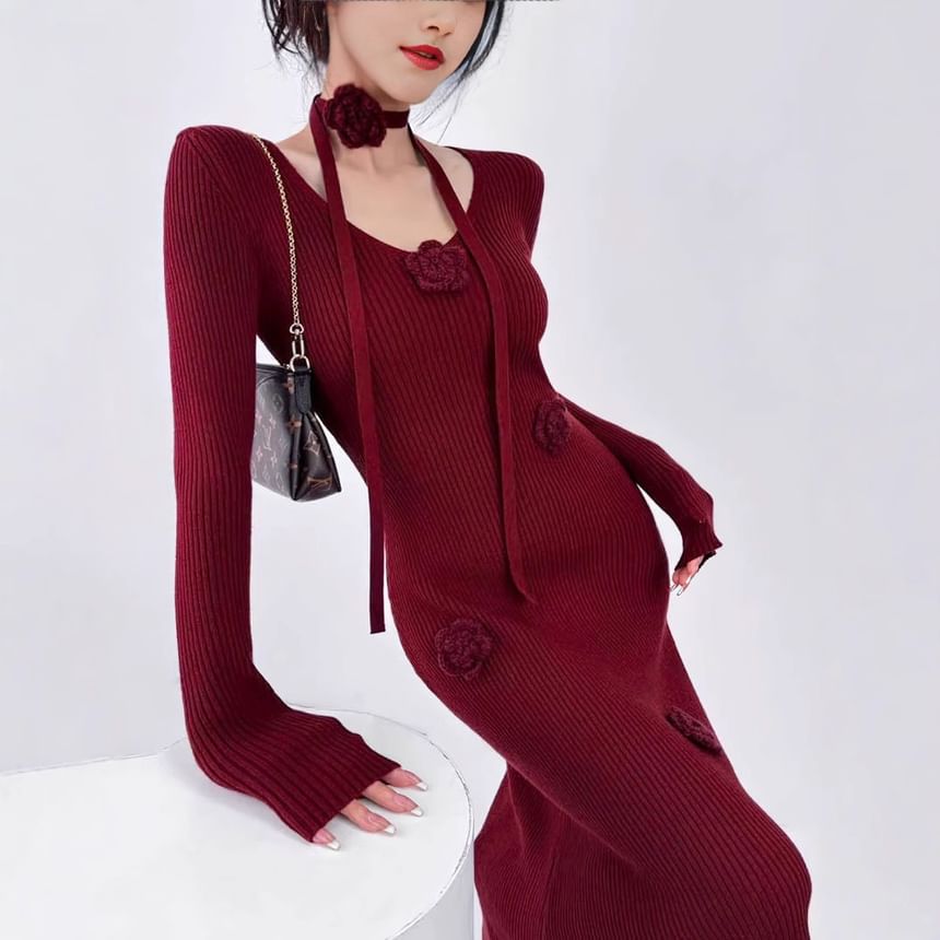 Set: Long-Sleeve V-Neck Plain Floral Accent Midi Sheath Knit Dress + Skinny Scarf