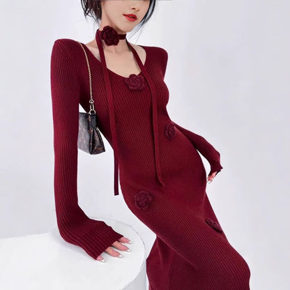 Set: Long-Sleeve V-Neck Plain Floral Accent Midi Sheath Knit Dress + Skinny Scarf