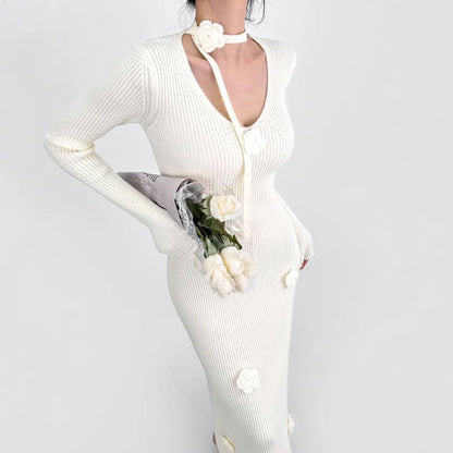 Set: Long-Sleeve V-Neck Plain Floral Accent Midi Sheath Knit Dress + Skinny Scarf