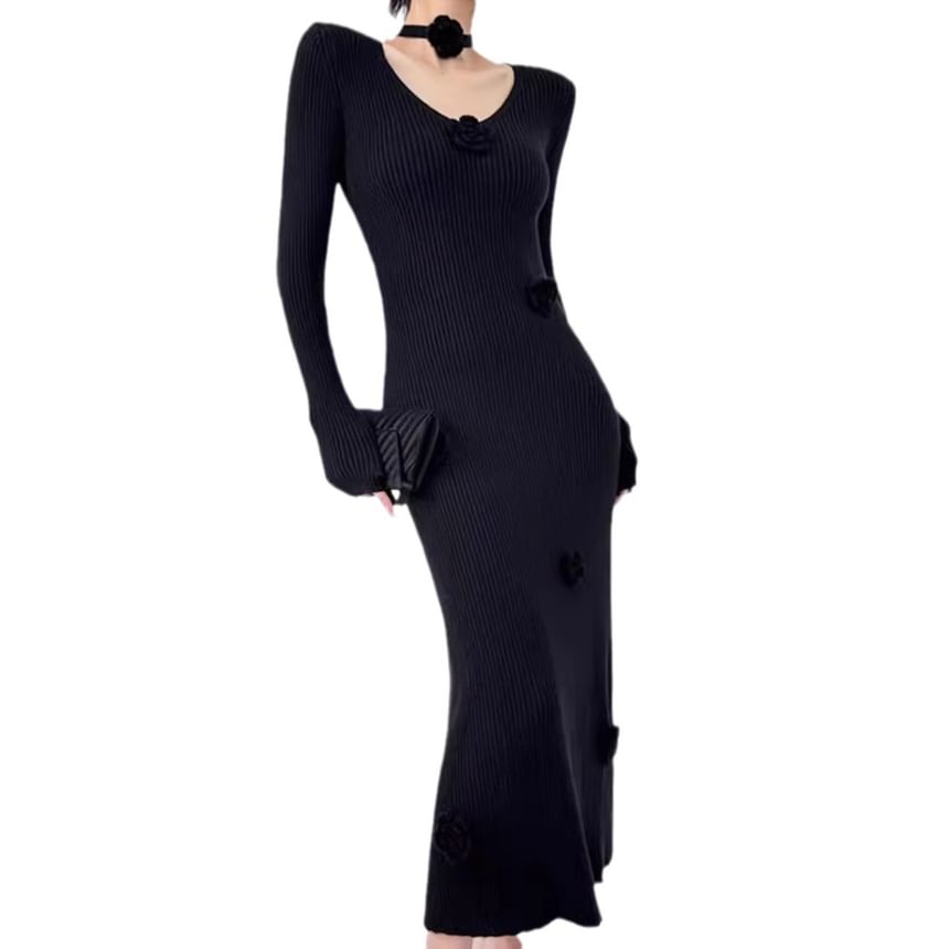 Set: Long-Sleeve V-Neck Plain Floral Accent Midi Sheath Knit Dress + Skinny Scarf