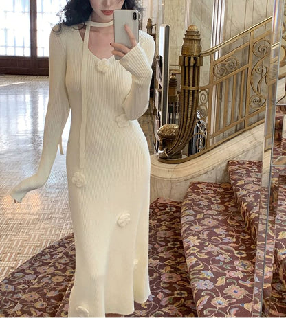 Set: Long-Sleeve V-Neck Plain Floral Accent Midi Sheath Knit Dress + Skinny Scarf