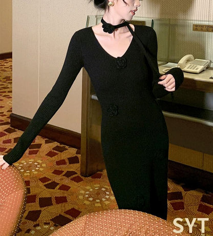 Set: Long-Sleeve V-Neck Plain Floral Accent Midi Sheath Knit Dress + Skinny Scarf