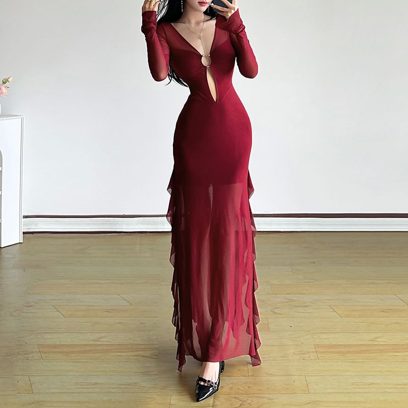 Long-Sleeve V-Neck Cutout Plain Sheer Maxi Sheath Dress