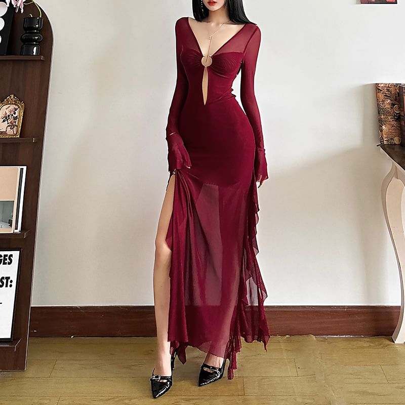 Long-Sleeve V-Neck Cutout Plain Sheer Maxi Sheath Dress