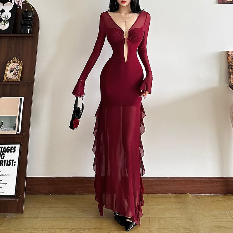 Long-Sleeve V-Neck Cutout Plain Sheer Maxi Sheath Dress