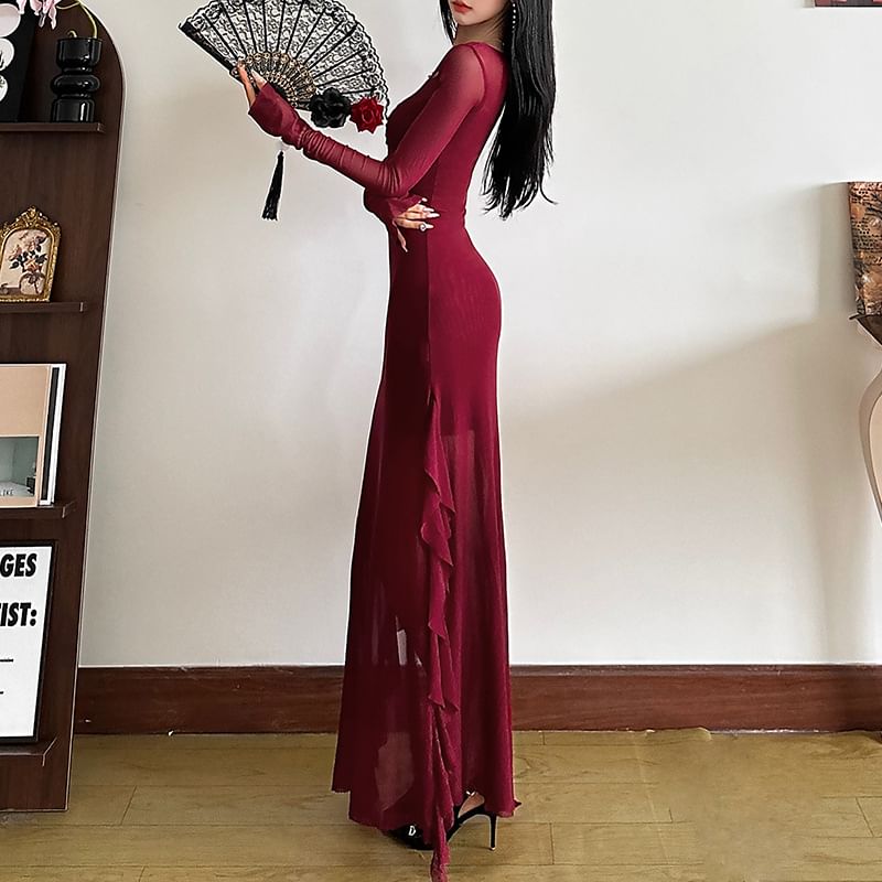 Long-Sleeve V-Neck Cutout Plain Sheer Maxi Sheath Dress