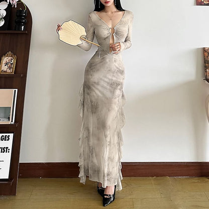 Long-Sleeve V-Neck Cutout Plain Sheer Maxi Sheath Dress