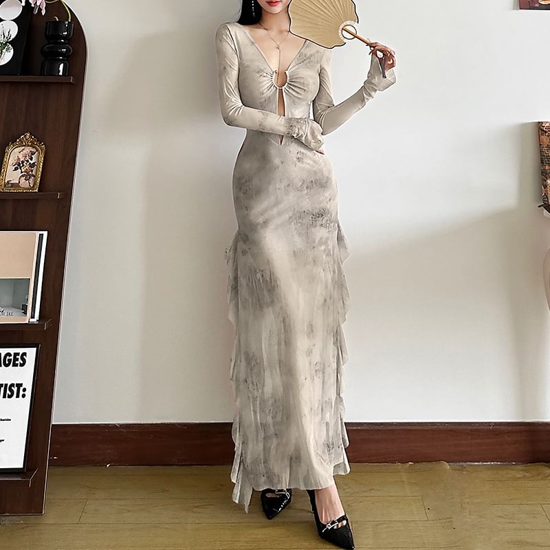 Long-Sleeve V-Neck Cutout Plain Sheer Maxi Sheath Dress