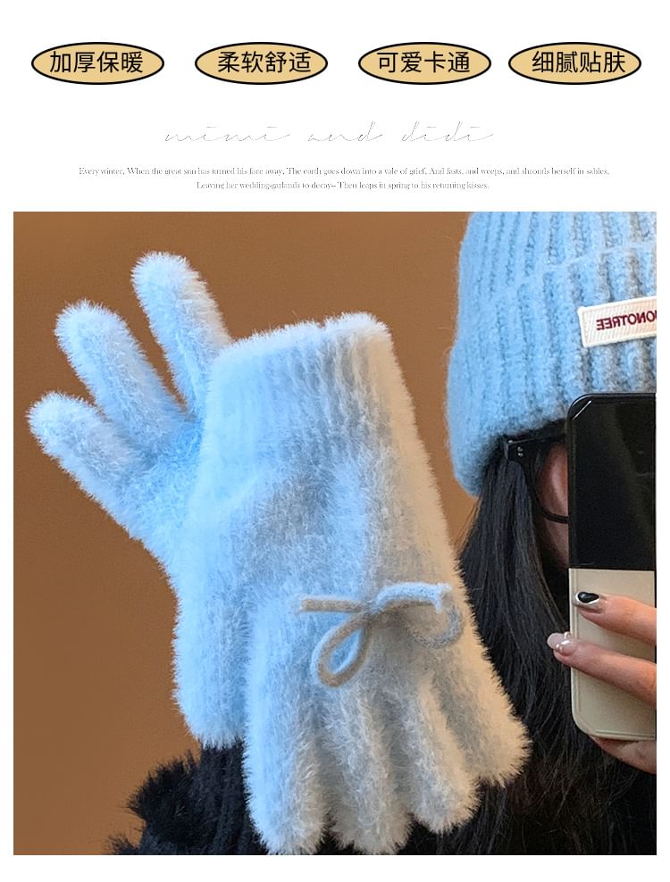 Fluffy Bow Knit Gloves