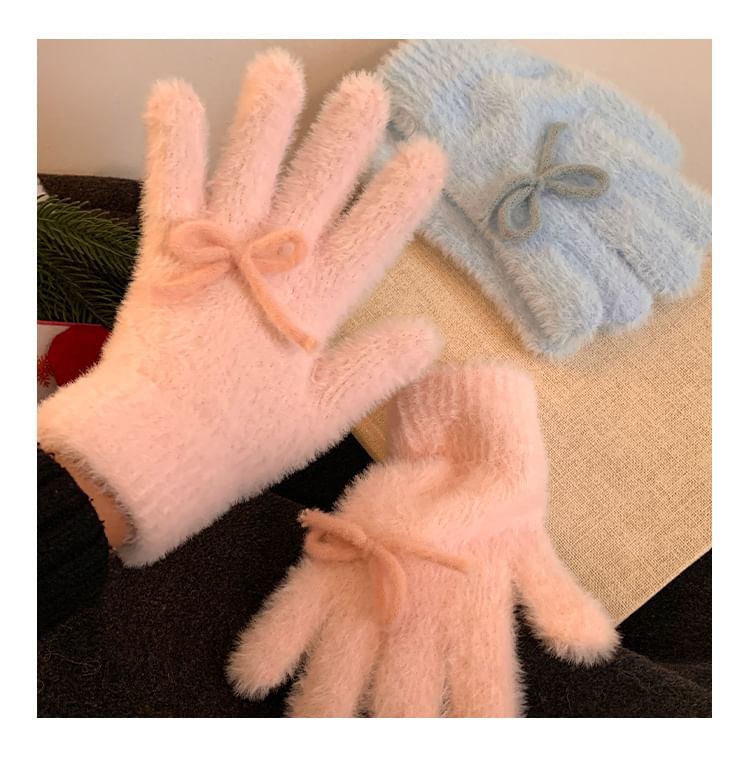 Fluffy Bow Knit Gloves