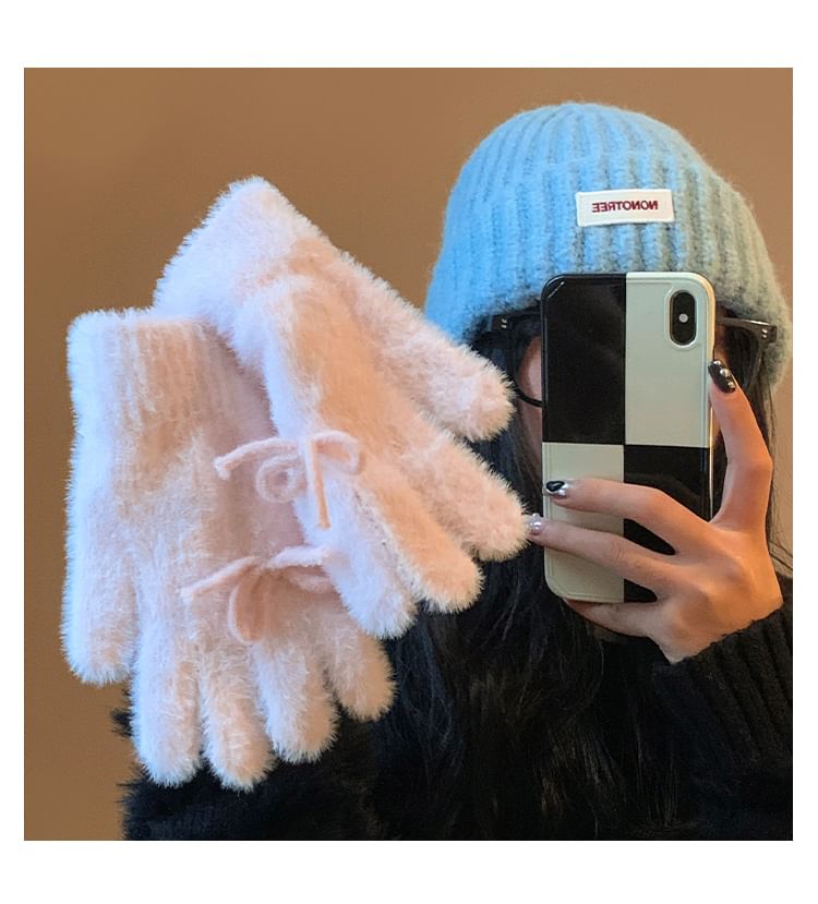 Fluffy Bow Knit Gloves