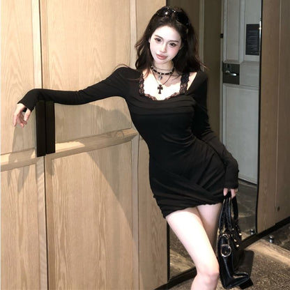 Long-Sleeve Cold Shoulder Mock Two-Piece Plain Lace Panel Ruched Mini Bodycon Dress