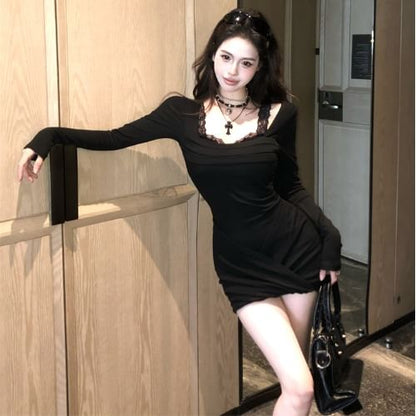 Long-Sleeve Cold Shoulder Mock Two-Piece Plain Lace Panel Ruched Mini Bodycon Dress