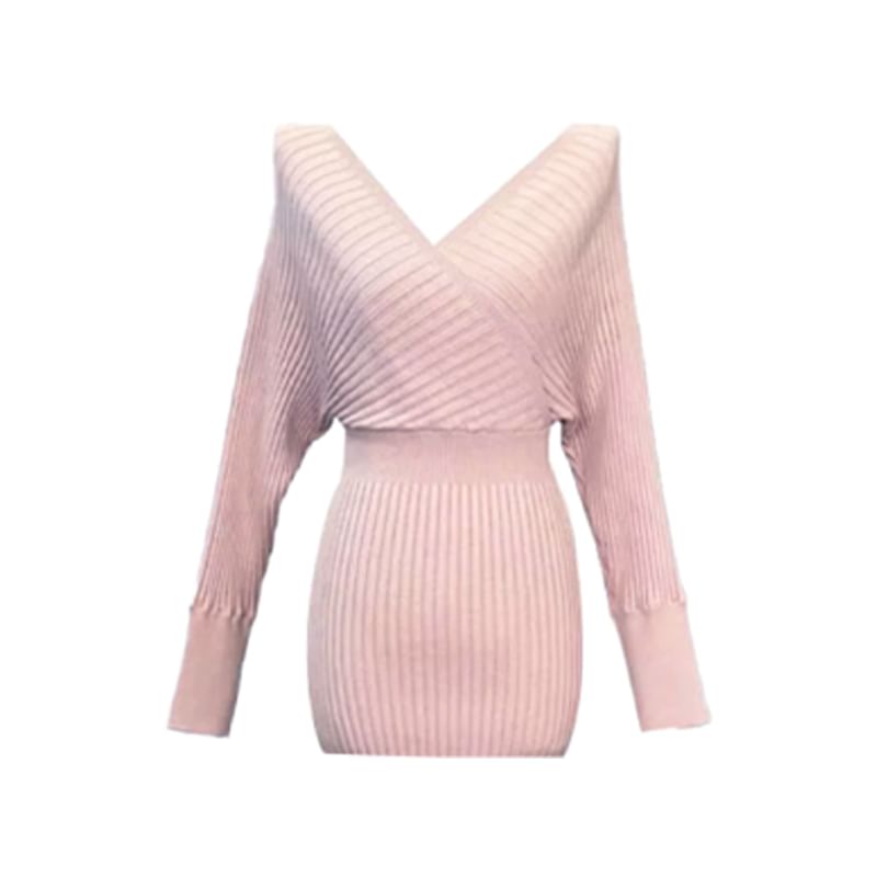 Long-Sleeve V-Neck Plain Ribbed Mini Sheath Knit Dress