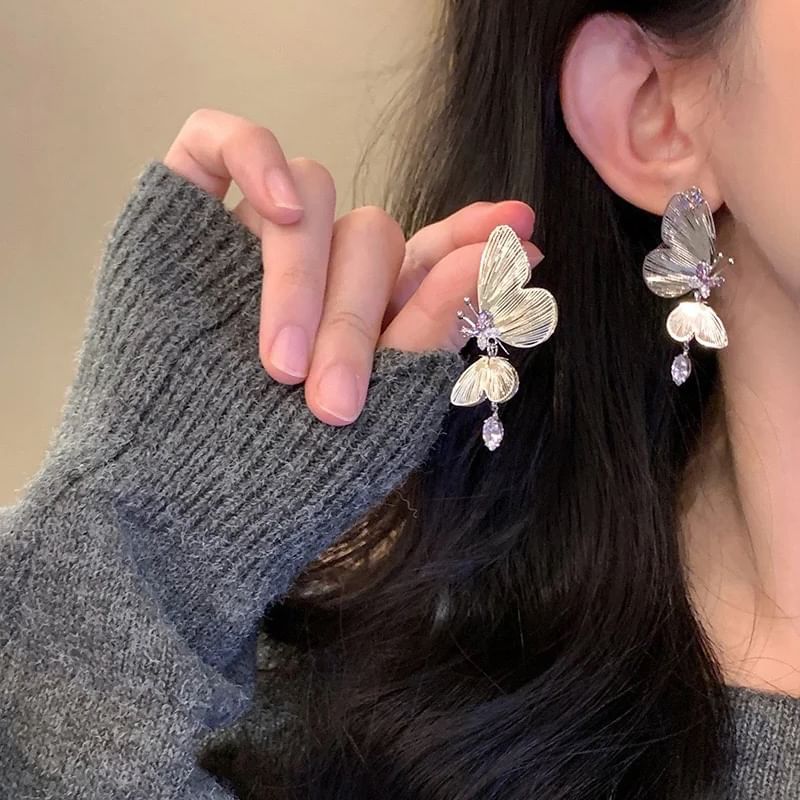 バタフライラインストーンクリップオン/ドロップイヤリング