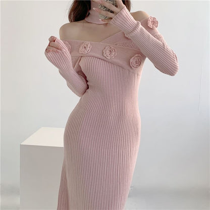 Long Sleeve Off Shoulder Flower Detail Ribbed Knit Midi Bodycon Dress