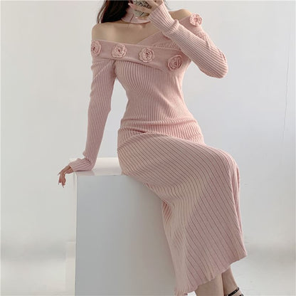 Long Sleeve Off Shoulder Flower Detail Ribbed Knit Midi Bodycon Dress