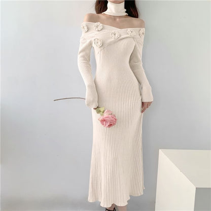 Long Sleeve Off Shoulder Flower Detail Ribbed Knit Midi Bodycon Dress
