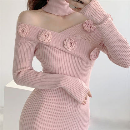 Long Sleeve Off Shoulder Flower Detail Ribbed Knit Midi Bodycon Dress