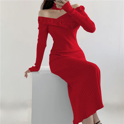 Long Sleeve Off Shoulder Flower Detail Ribbed Knit Midi Bodycon Dress