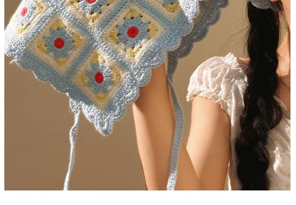 スカーフ トライアングル ニット チェック柄 ヘッド 花柄