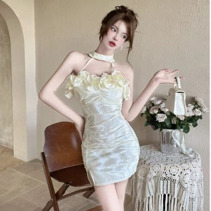 Halter Neck Plain Velvet Ruffle Trim Bodycon Mini Dress