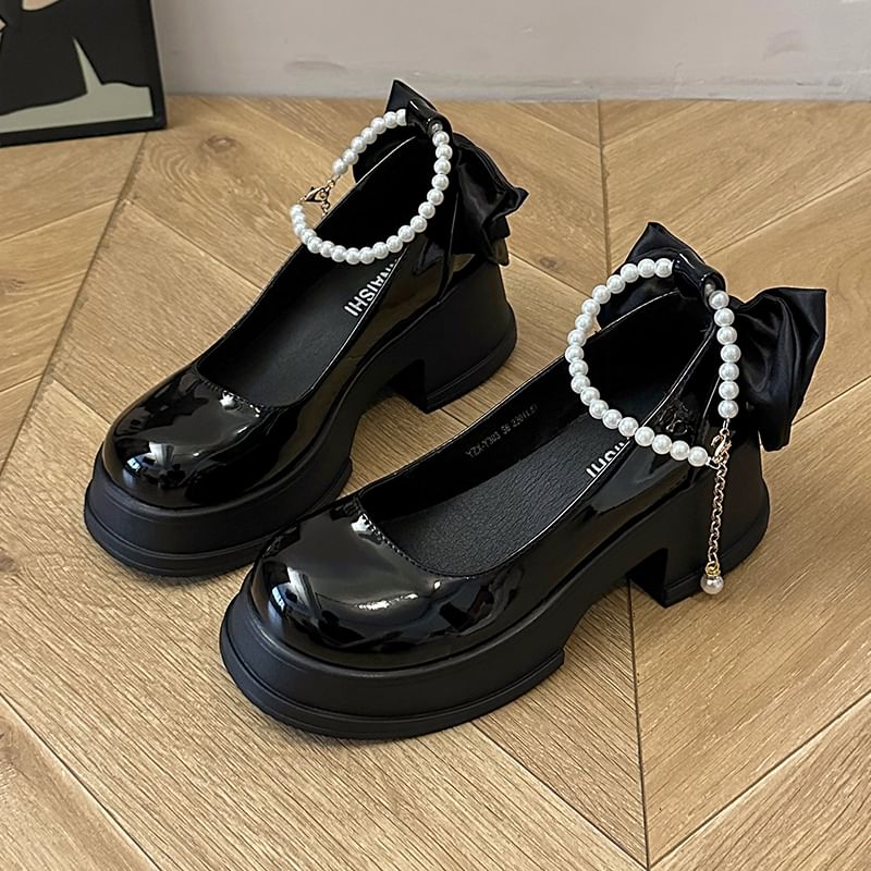 Ankle Strap Platform Pumps Patent Bow Leather