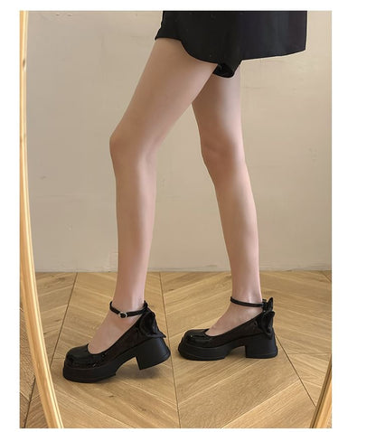 Ankle Strap Platform Pumps Patent Bow Leather