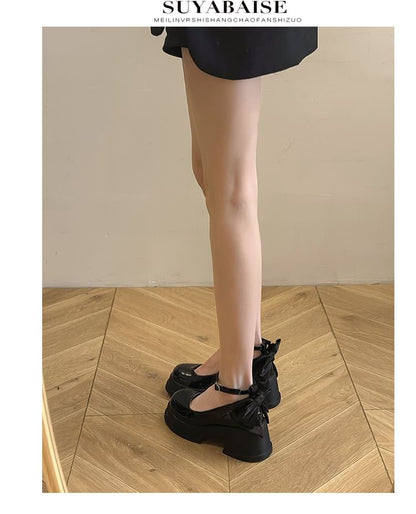 Ankle Strap Platform Pumps Patent Bow Leather