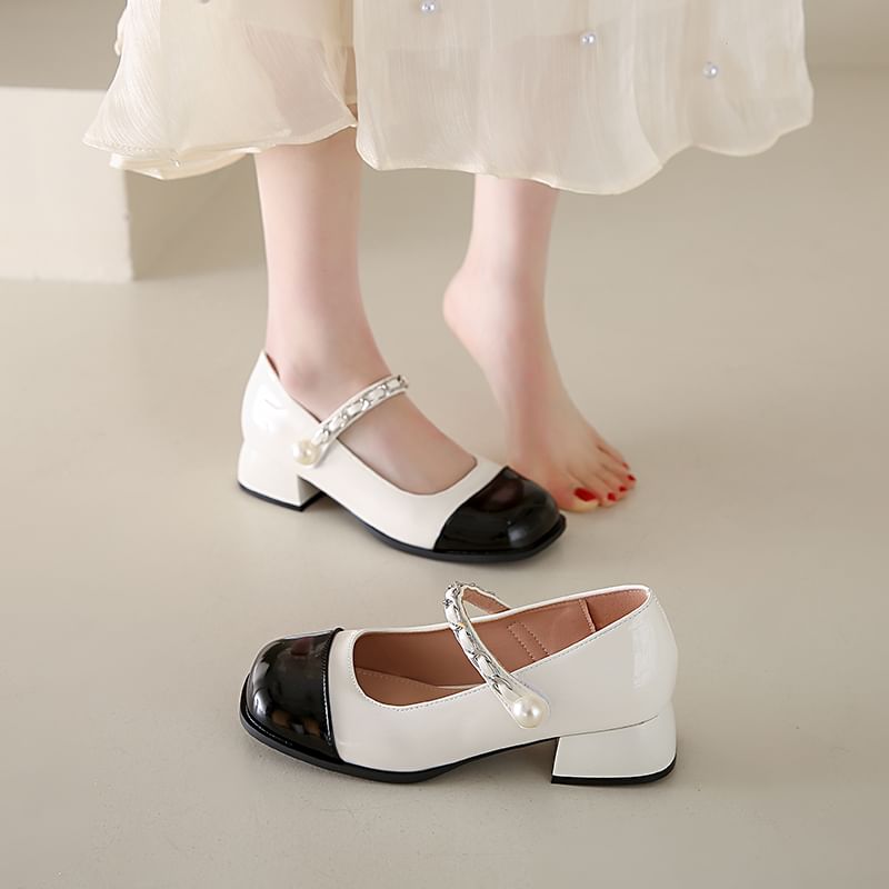Pumps Pearl Accent Cap Jane Toe Heel Chunky Faux Mary