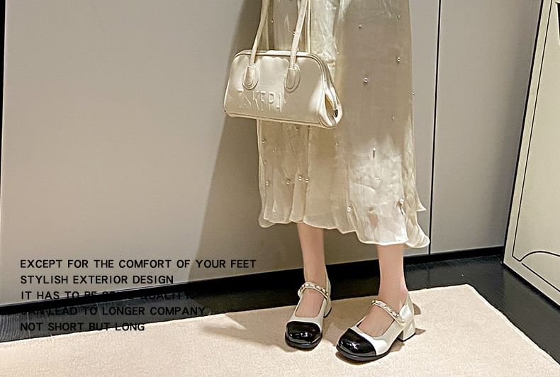 Pumps Pearl Accent Cap Jane Toe Heel Chunky Faux Mary