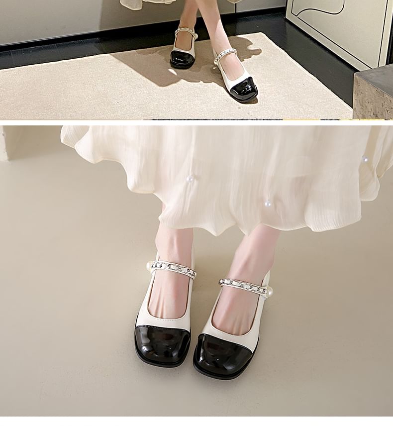Pumps Pearl Accent Cap Jane Toe Heel Chunky Faux Mary