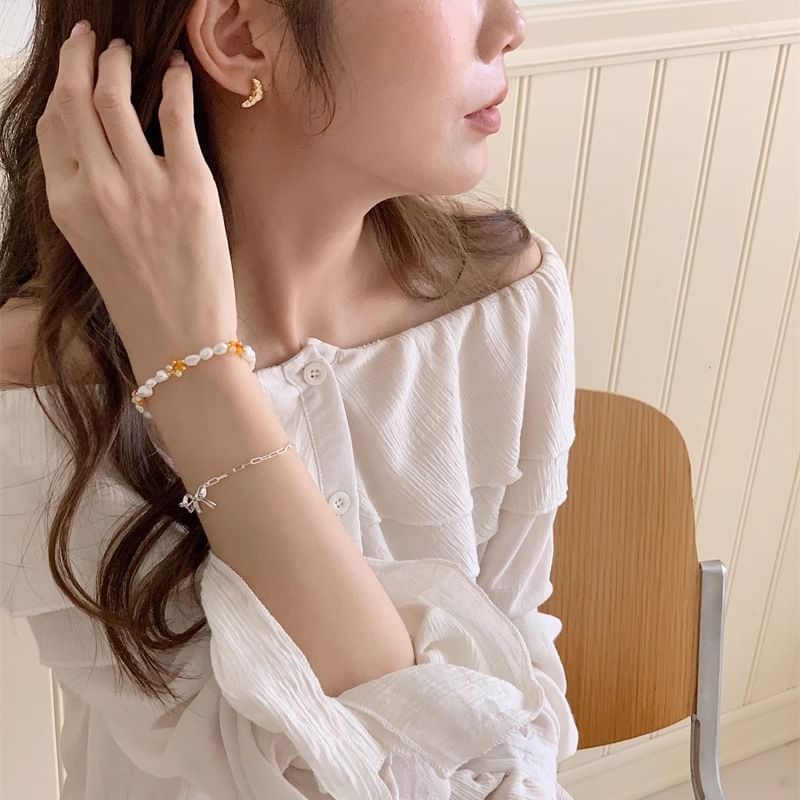 ブレスレット ビーズ シルバー リボン / 天然 925 パール スターリング