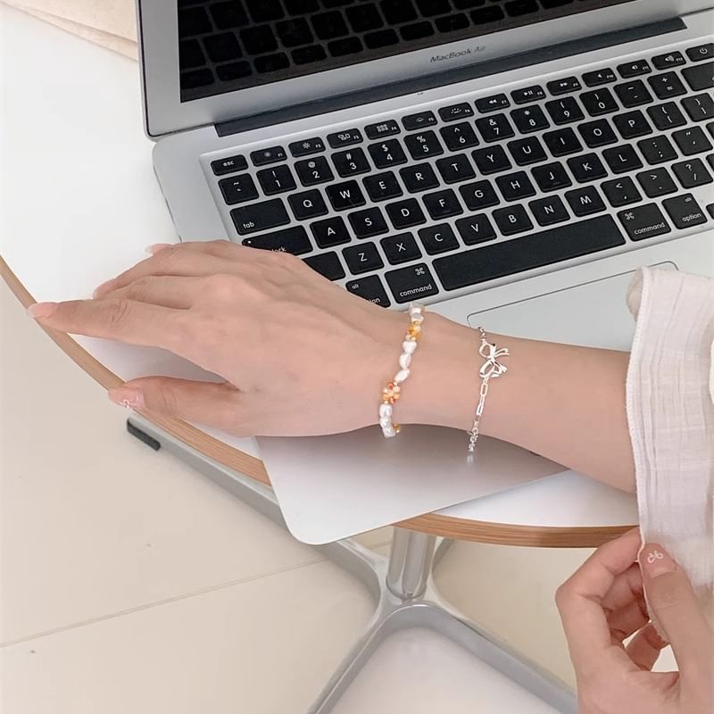 Bracelet Beaded Silver Bow / Natural 925 Pearl Sterling