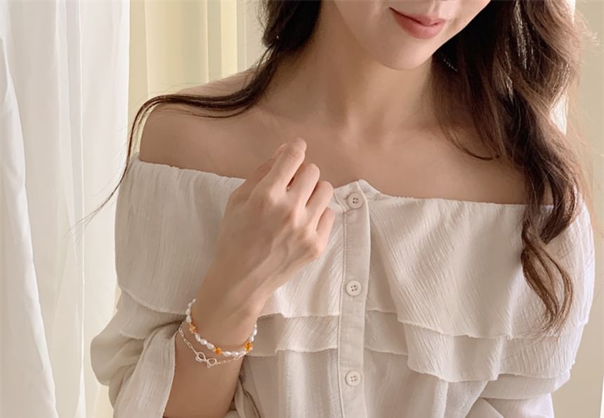 Bracelet Beaded Silver Bow / Natural 925 Pearl Sterling