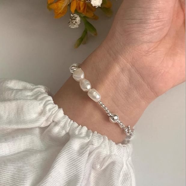 Sterling Beaded Pearl Bracelet Silver Faux 925